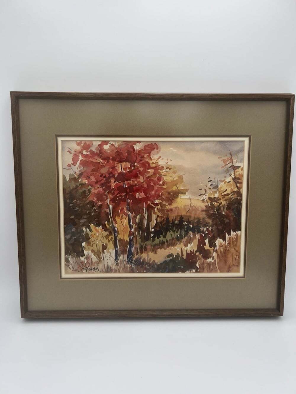 Fred Nicholas Original Signed Watercolor Painting Autumn Landscape Framed 21.5"